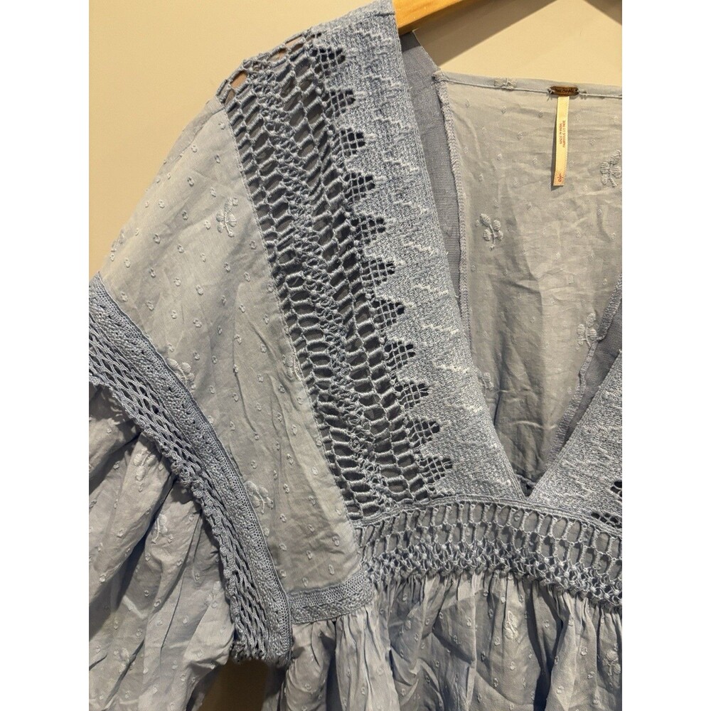 Free People 'Drive You Mad’ Blue Top Peplum For Puff Sleeve Size L - Picture 7 of 10